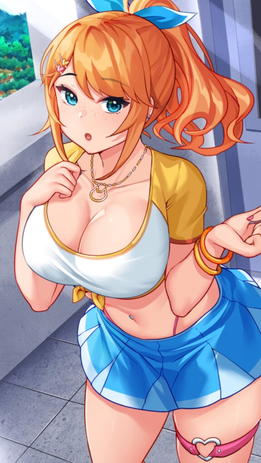 1girls aqua_eyes bracelet brat building cleavage crop_top eroblast exposed_stomach fit_female freckles from_above hair_ribbon hairclip hand_on_breast high_ponytail huge_breasts large_breasts looking_at_viewer miniskirt navel navel_piercing orange_hair painted_nails pendant pink_thong pleated_skirt ponytail sassy smug stella_(eroblast) stomach stud_earrings surprised thick_thighs thigh_strap thong tied_hair tied_shirt tummy walking whale_tail