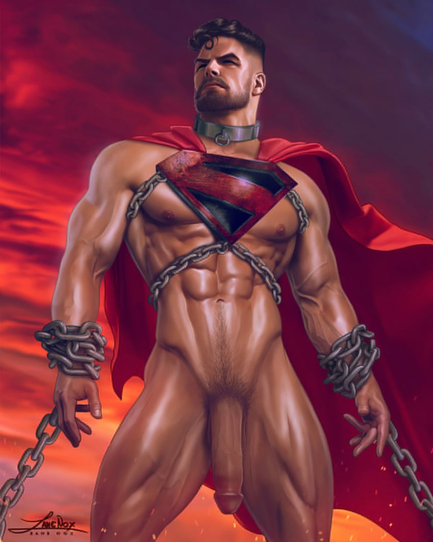 1male abs ballsack beard big_penis black_hair cape chained circumcised clark_kent collar dc dc_comics facial_hair human male male_nipples male_only male_pubic_hair muscles muscular_male pecs penis scrotum smooth_skinned_male solo superman superman_(series) veiny_arms veiny_penis zane_nox