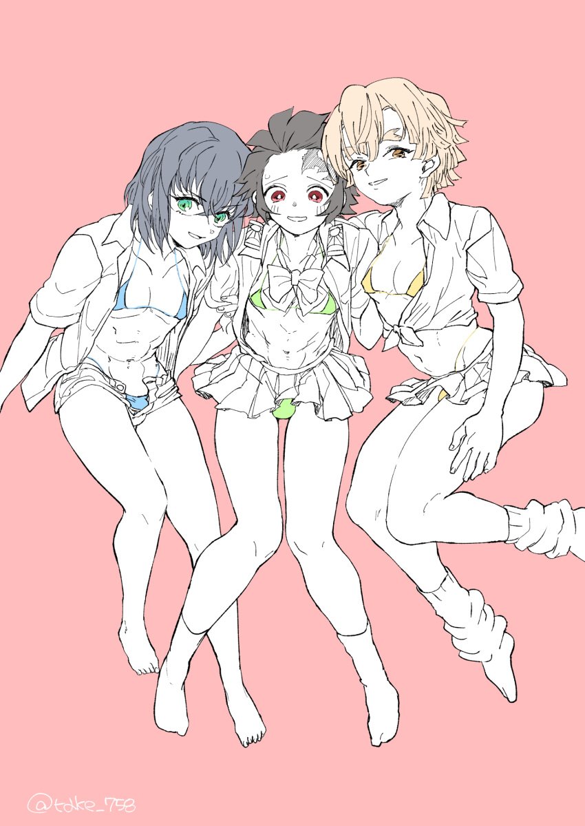 3boys abs alternate_costume anklehighs bikini black_hair blonde_hair blue_bikini brown_eyes bulge bulge_through_clothing crew_socks crossdressing demon_slayer femboy full_body grady_sands green_bikini green_eyes gyaru inosuke_hashibira kamado_tanjirou kimetsu_no_yaiba looking_at_viewer loose_socks male male_only micro_bikini muscular_femboy nipple_bulge nipples open_pants open_shirt partially_colored pleated_skirt red_eyes school_uniform short_hair short_shorts shorts skirt_lift smile socks take_758 tied_shirt trap white_socks yellow_bikini zenitsu_agatsuma