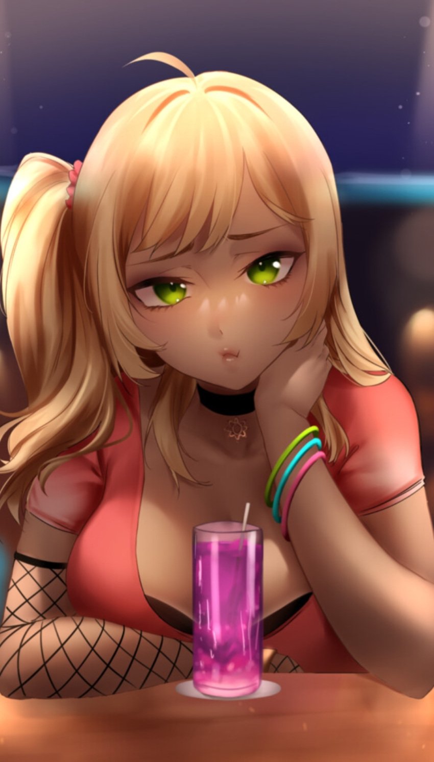 black_bra blonde_hair bored bracelet choker cleavage club cocktail counter dim_lighting drink eroblast exposed_bra eyelashes eyeshadow fishnet fishnet_sleeves glass green_eyes hair_ribbon holding_neck large_breasts long_hair party red_topwear side_ponytail straw tanline tanned zelda_(eroblast)