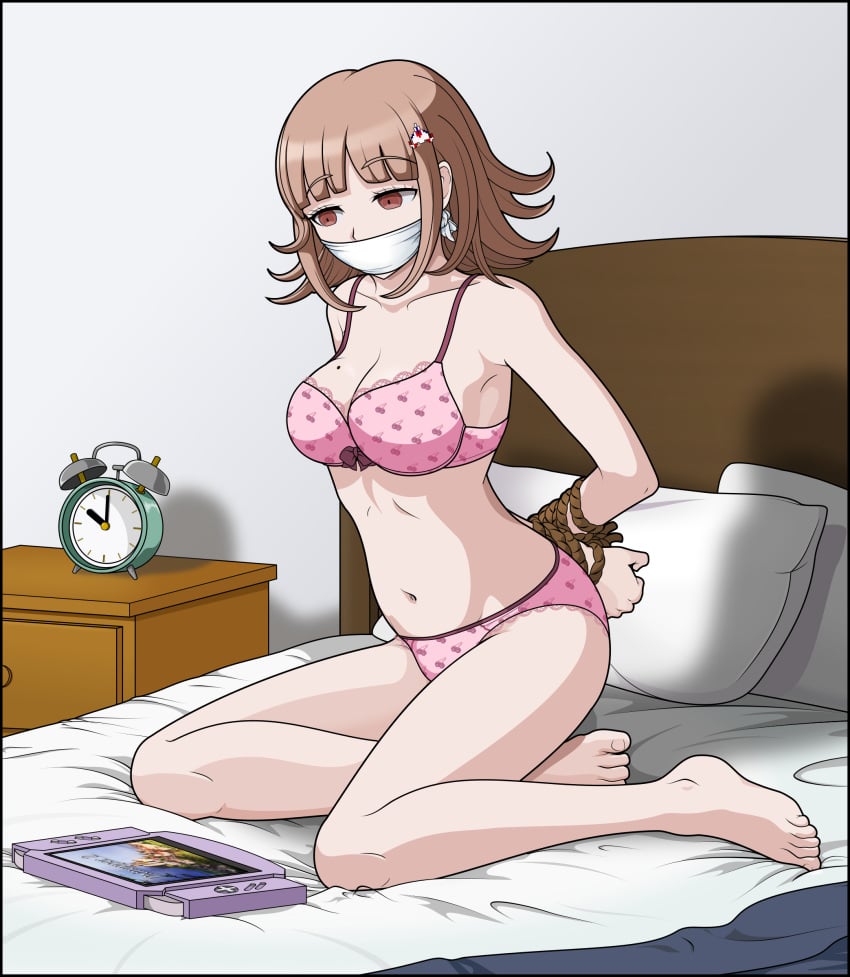 1girls alternate_version_available barefoot bound_wrists bra breasts brown_hair clothing danganronpa danganronpa_2:_goodbye_despair feet female gag gagged just_some_guy large_breasts long_hair matching_underwear mole mole_on_breast nanami_chiaki panties pink_bra pink_panties polka_dot_panties restrained spread_legs straight_hair super_danganronpa_2 tied_up toes underwear