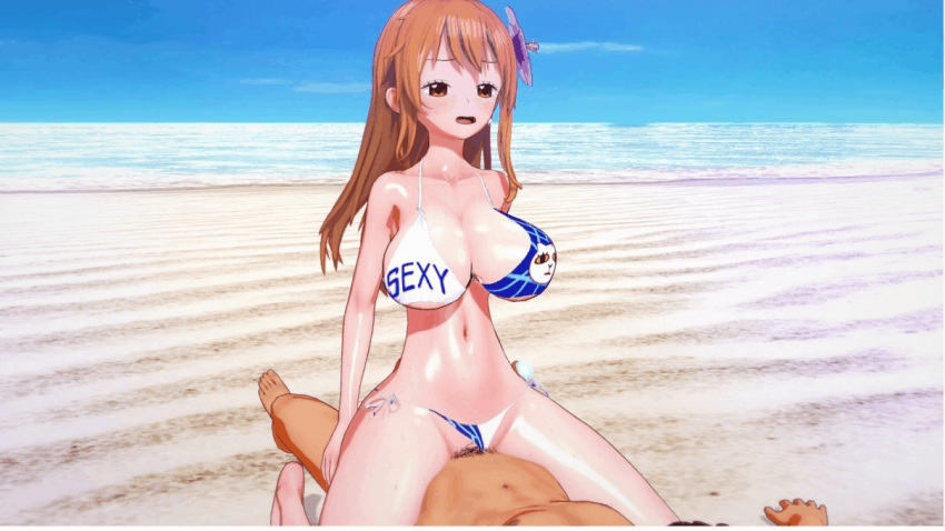 1boy 1girls 3d animated artist_request beach big_breasts bikini cowgirl_position female flower_in_hair grinding long_hair male mineraru nami one_piece one_piece_film_gold orange_hair pubic_hair vaginal_penetration wide_hips