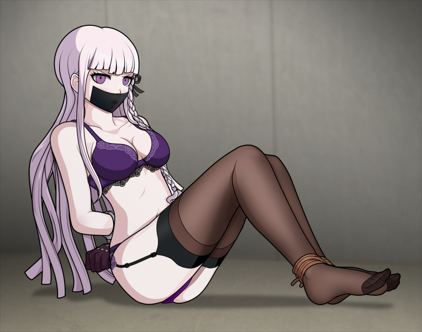 1girls alternate_version_available black_legwear black_stockings black_thighhighs blush bound_and_gagged bound_ankles bound_wrists bra breasts cleavage clothing danganronpa danganronpa:_trigger_happy_havoc danganronpa_1 female female_only gag gagged garter_straps gloves just_some_guy kirigiri_kyouko legs_together lingerie long_hair matching_underwear medium_breasts panties purple_bra purple_lingerie purple_panties restrained solo stockings straight_hair tape_gag tied_up tights underwear underwear_only wide_hips