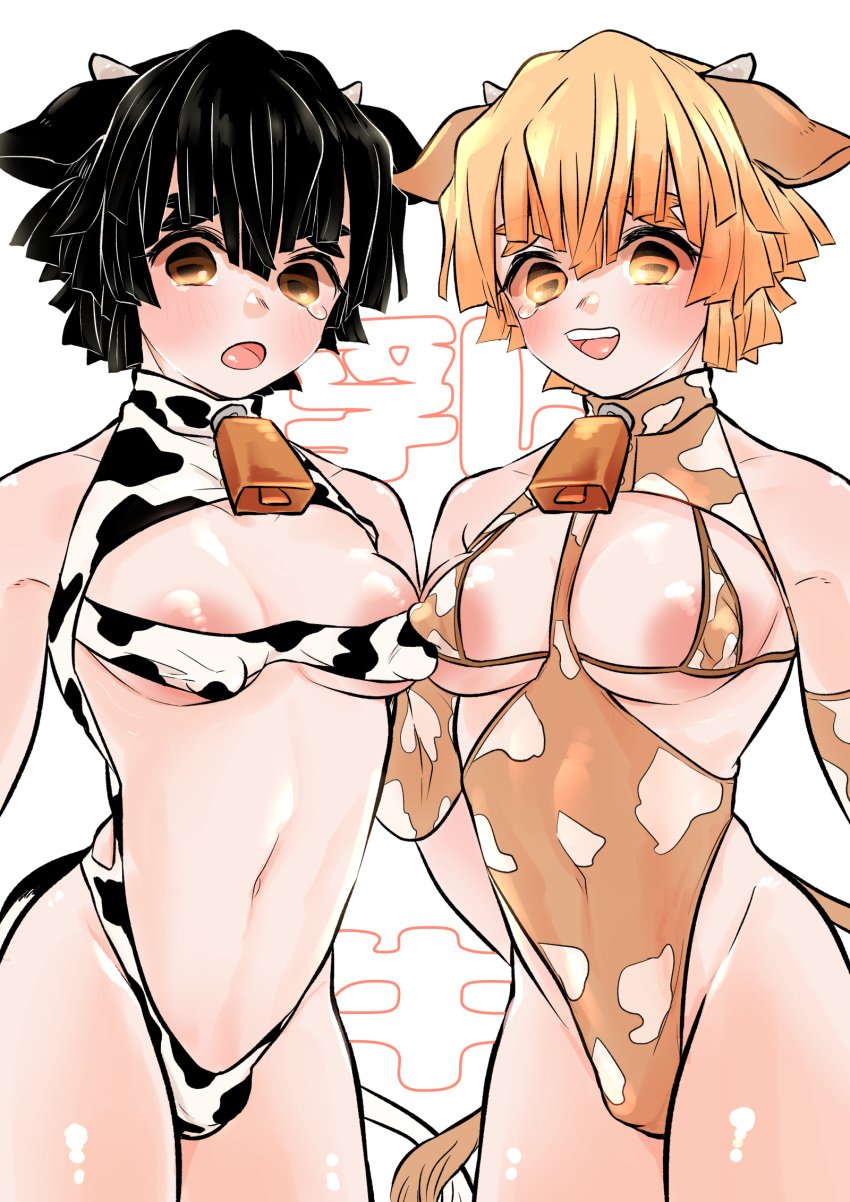 2boys alternate_costume androgynous areola_slip bandeau bare_midriff big_nipples bikini black_hair blonde_hair bulge cow_bikini cow_boy cow_ears cow_horns cow_print cow_print_armwear cow_tail cowbell demon_slayer dual_persona femboy femboy_with_breasts highleg kimetsu_no_yaiba large_areolae leotard lingerie male male_only micro_bikini nipple_bulge open_mouth submissive submissive_male take_758 thick_eyebrows thick_thighs yellow_eyes zenitsu_agatsuma