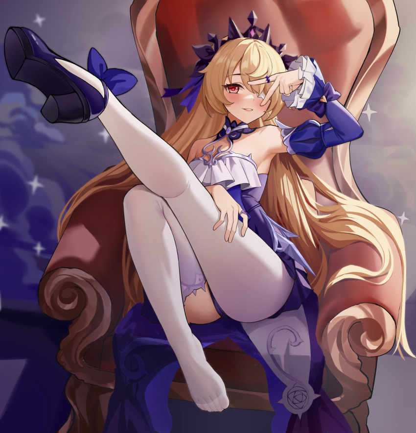 1girls absurd_res bare_shoulders blonde_hair blush clothed clothing crown dress eyepatch feet feet_up female fischl_(ein_immernachtstraum)_(genshin_impact) fischl_(genshin_impact) genshin_impact hi_res high_heels legs looking_at_viewer moonct peace_sign princess red_eyes smile tagme thighhighs throne toes white_legwear