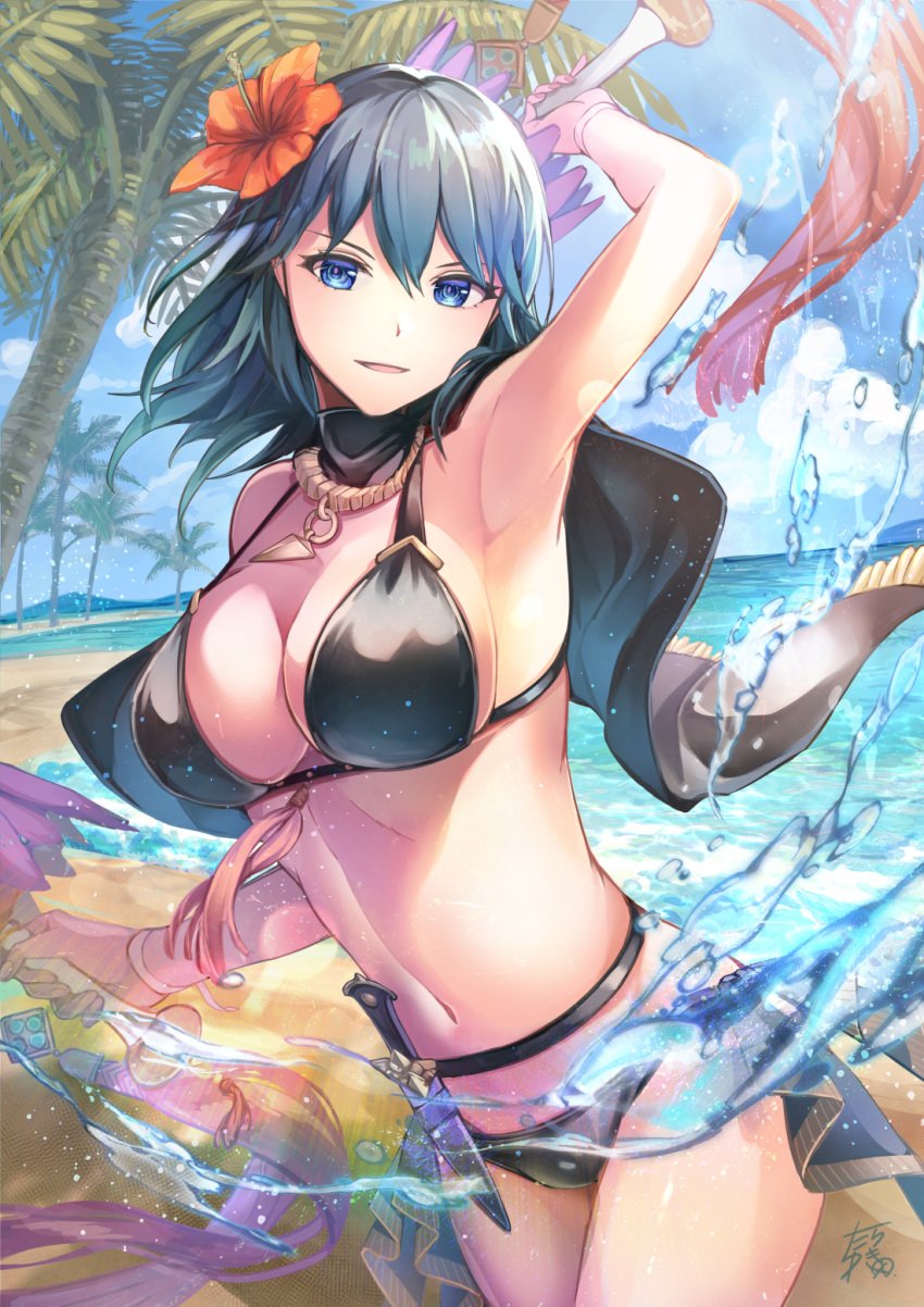 1girls alternate_costume arm_up armpits bangs bare_shoulders beard bikini black_bikini black_cape black_swimsuit blue_eyes blue_hair blue_sky breasts byleth_(fire_emblem) byleth_(fire_emblem)_(female) byleth_(summer)_(fire_emblem)_(female) cape cleavage cloud collarbone commentary_request cowboy_shot dagger day female female_only fire_emblem fire_emblem:_three_houses fire_emblem_heroes flower hair_between_eyes hair_flower hair_ornament hibiscus highres holding holding_weapon knife large_breasts lens_flare long_hair looking_at_viewer navel nintendo ocean official_alternate_costume outdoors palm_tree parted_lips ribbon shadow sheath sheathed sidelocks sign signature sky smile solo standing stomach swimsuit tarayuki tassel teal_hair tree water_drop weapon wrist_ribbon yukimiyuki