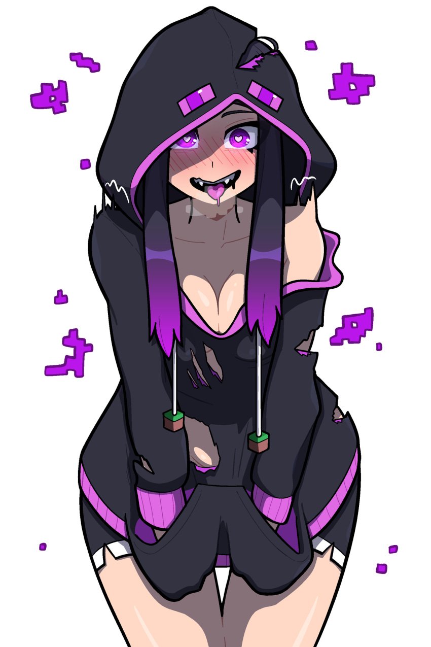 2d 2d_(artwork) blush blushing enderman female hands_in_pockets hood hoodie humanized light-skinned_female light_skin long_hair minecraft muds open_mouth pale-skinned_female pale_skin purple_eyes ripped_clothing simple_background solo solo_female solo_focus tagme tongue tongue_out torn_clothes torn_clothing white_background