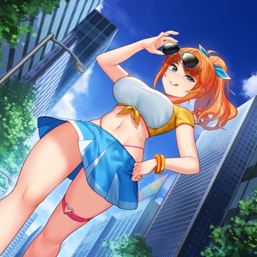 1girls aqua_eyes bracelet brat building crop_top dutch_angle eroblast exposed_stomach eyewear_removed fit_female freckles from_below hair_ribbon hand_on_hip high_ponytail holding_glasses large_breasts licking_lips looking_at_viewer miniskirt navel navel_piercing orange_hair pink_thong pleated_skirt ponytail sassy skyscraper smug stella_(eroblast) stomach street sunglasses sunglasses_removed thick_thighs thigh_strap thong tied_hair tied_shirt tongue_out tummy walking whale_tail