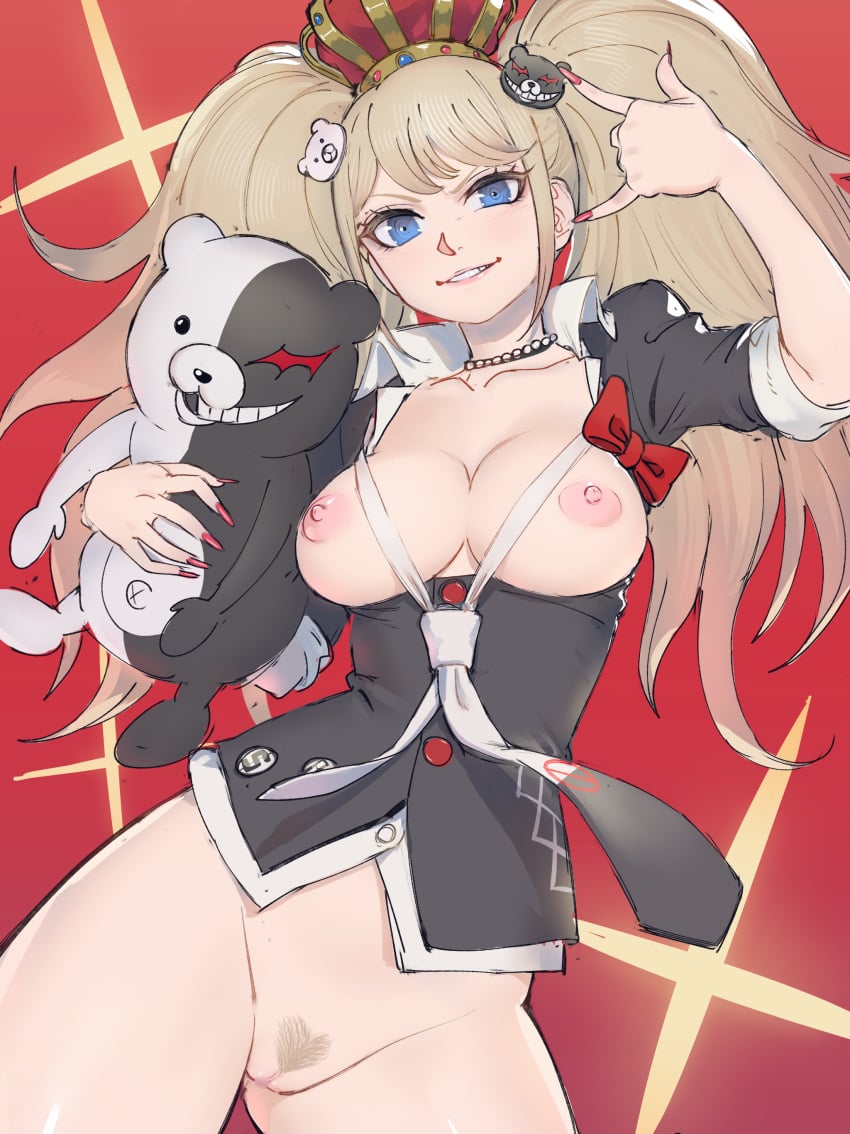 1girls areola areolae bear big_breasts blonde_hair blouse blue_eyes bottomless breasts breasts_out breasts_out_of_clothes crown danganronpa eyelashes eyeliner female female_focus female_only heart-shaped_pubic_hair heart_pubes junko_enoshima lipstick long_hair looking_at_viewer makeup monokuma nail_polish nipples poechan posing pubic_hair pussy shirt solo solo_female solo_focus standing straight_hair tie twintails