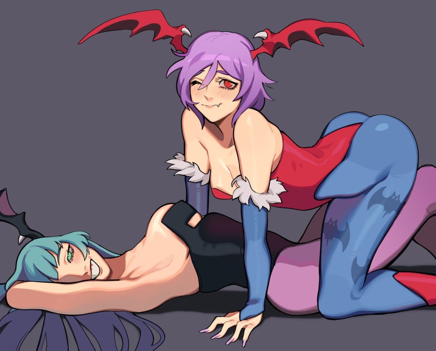 2demons 2girls all_fours armpit_crease armpit_fetish armpit_peek armpit_pose armpit_sex_invitation armpits arms_behind_head arms_up armwear ass bat_print blue_pantyhose blush capcom clothing darkstalkers demon_wings female female_only green_hair head_wings leotard lilith_aensland long_hair looking_at_viewer lying lying_on_back medium_breasts medium_hair morrigan_aensland narrowed_eyes oerba_yun_fang pantyhose pink_pantyhose porqueloin presenting_armpit presenting_armpits purple_hair red_eyes side_view small_breasts smiling_at_viewer succubus succubus_costume teeth_showing very_high_resolution wink winking_at_viewer