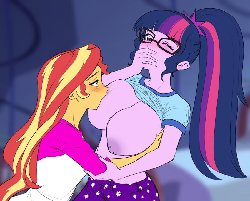 2girls areolae big_breasts breast_sucking breasts covering_mouth equestria_girls exposed_breasts female friendship_is_magic glasses hasbro hi_res highres huge_breasts large_breasts legend_of_everfree my_little_pony nipples nsfwee one_eye_closed partially_clothed partially_nude ponytail rileyav sci-twi shirt_lift sunset_shimmer twilight_sparkle_(mlp) yuri