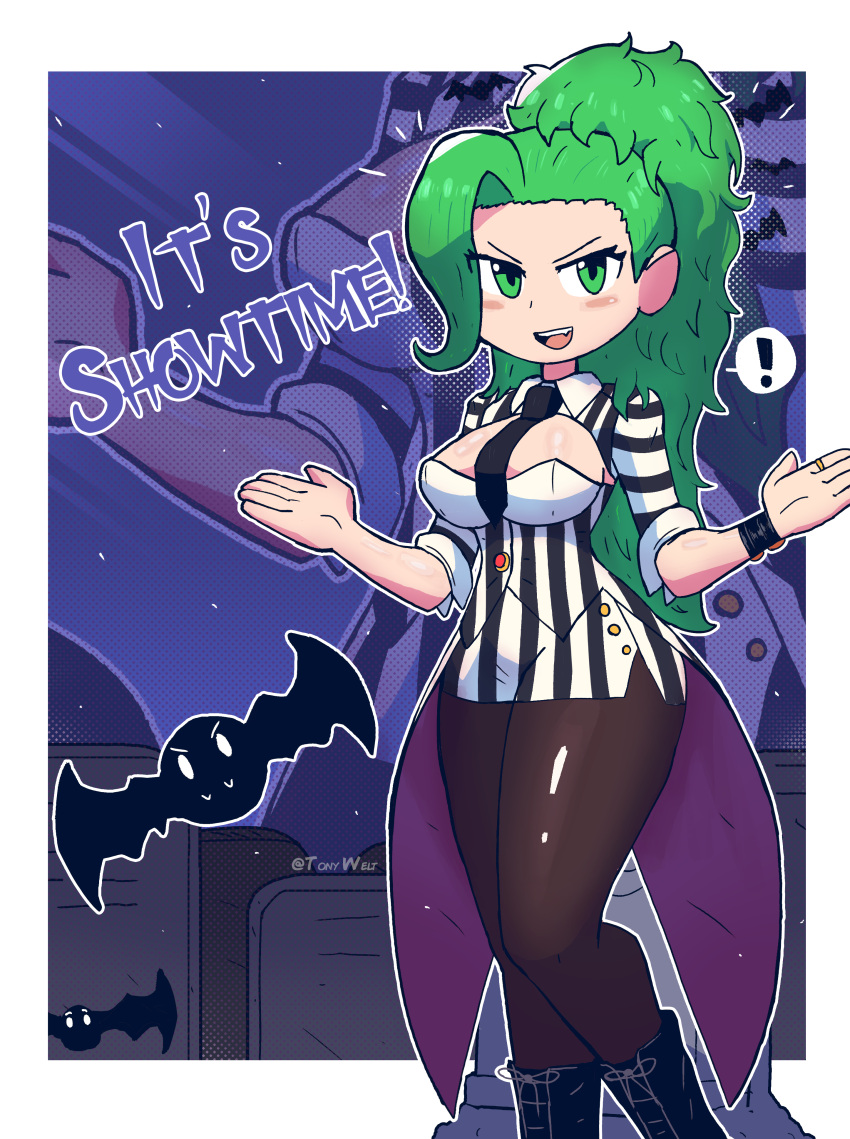 2022 bat beetlejuice beetlejuice_(character) big_breasts black_boots black_tie breasts genderswap genderswap_(mtf) green_eyes green_hair light-skinned light-skinned_female light_skin long_hair rule_63 stockings tagme thick_thighs thighs tie tony_welt