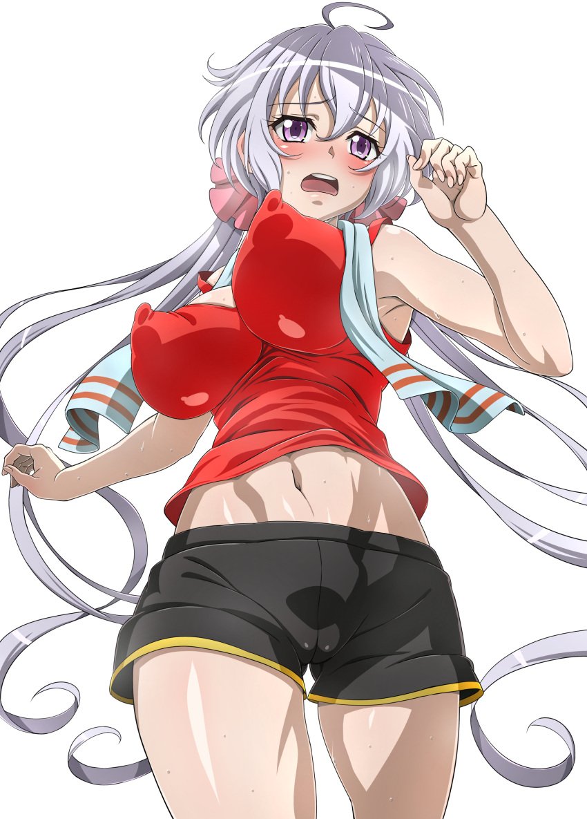 absurdres ahoge bare_shoulders black_shorts blush bouncing_breasts breasts covered_nipples female from_below groin hair_ornament hair_ribbon highres j.h. large_breasts long_hair midriff navel open_mouth purple_eyes ribbon senki_zesshou_symphogear shiny shiny_hair shiny_skin shorts simple_background solo sweat towel twintails white_background white_hair yukine_chris