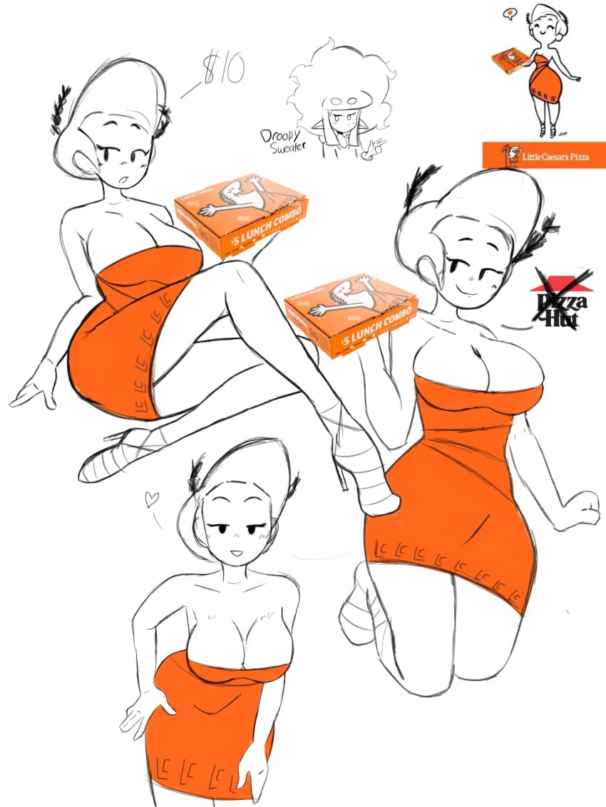 artist_name artist_signature big_breasts breasts droopysweater female female_only heart high_heels legs little_caesar little_caesars looking_at_viewer mob_face orange_dress pizza_box pizza_hut rule_63 seductive_look seductive_smile sitting tagme white_body white_hair