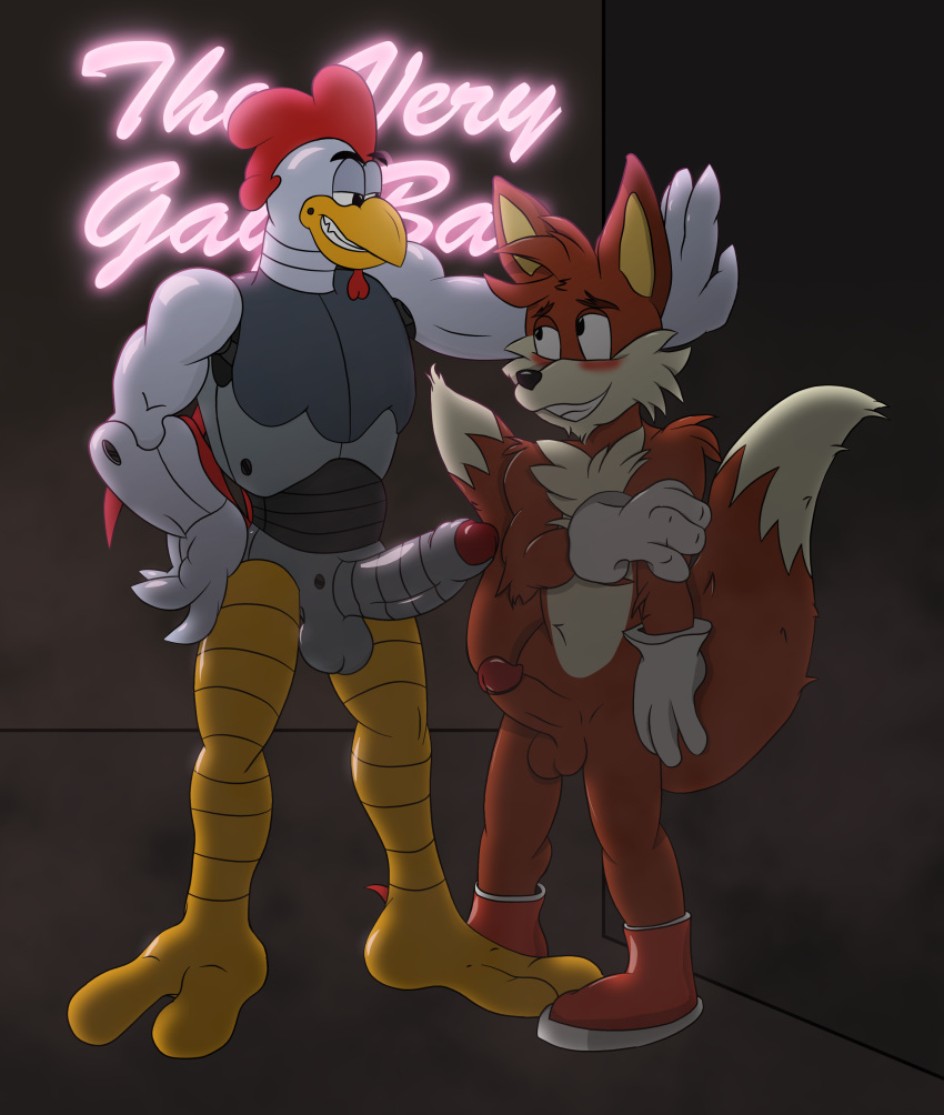 absurd_res adventures_of_sonic_the_hedgehog against_surface against_wall aged_up anonymous_artist anthro avian balls beak bird canid canine chicken cobaltcerberus digital_media_(artwork) duo erection foreskin fox fur galliform gallus_(genus) genitals grin hi_res humanoid_genitalia humanoid_penis kabedon machine male male/male mammal neon_lights nude penis phasianid protagonistsub_antagonistdom robot scratch_(adventures_of_sonic_the_hedgehog) scratch_(sonic) sega size_difference smile sonic_(series) sonic_the_hedgehog_(series) tails teasing