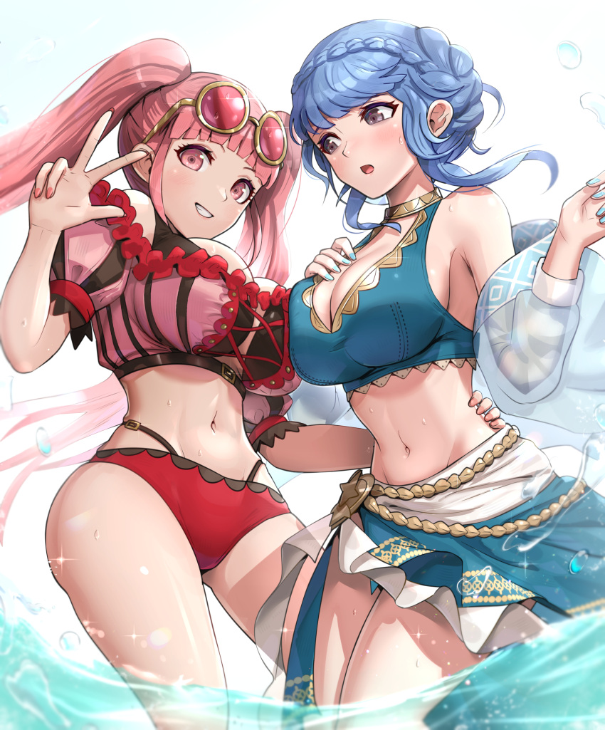 2girls absurdres alternate_costume ass_visible_through_thighs asymmetrical_docking bangs bikini black_bikini blue_bikini blue_hair blue_nails blue_swimsuit blunt_bangs blush braid breast_press breasts cleavage cloud commentary_request cross-laced_bikini cross-laced_clothes crown_braid diffraction_spikes eyewear_on_head female female_only fingernails fire_emblem fire_emblem:_three_houses fire_emblem_heroes frilled_bikini frills from_below glint gold_trim gonzarez grin hand_on_another's_waist hand_on_own_chest hand_up highres hilda_valentine_goneril hilda_valentine_goneril_(summer) large_breasts long_hair looking_at_another looking_at_viewer marianne_von_edmund marianne_von_edmund_(summer) multiple_girls nail_polish navel nintendo official_alternate_costume open_mouth pink_bikini pink_eyes pink_hair pink_nails pink_swimsuit shawl sidelocks sideways_glance sky smile sparkle sunglasses swimsuit teeth thighs twintails w wading water