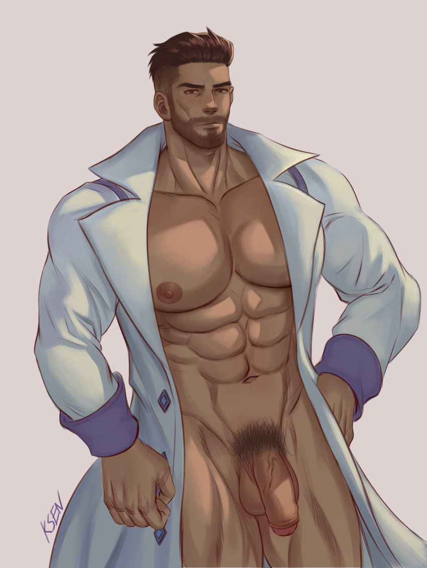 1boy abs absurdres artist_name bara bare_pectorals closed_mouth facial_hair flaccid grey_background highres human k_sen212 labcoat large_pectorals male_focus male_only male_pubic_hair muscular muscular_male naked_labcoat navel nintendo nipples nude open_clothes open_labcoat pectorals penis pokemon pokemon_(game) pokemon_sv professor_turo pubic_hair short_hair simple_background solo testicles uncensored undercut