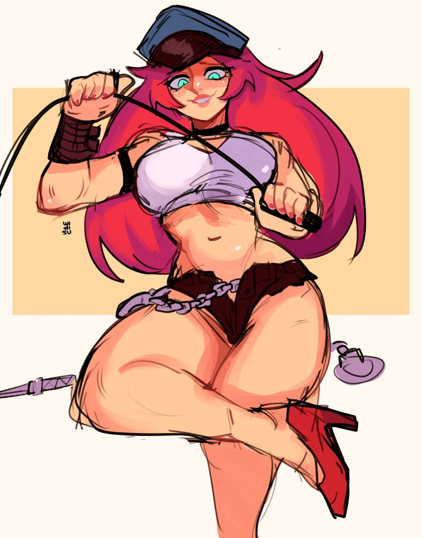 1girls big_breasts booty_shorts chains female female_only final_fight green_eyes hand_cuffs hat heels long_hair pink_hair pink_lipstick pink_nail_polish poison_(final_fight) riding_crop rough_sketch sadistic smile solo street_fighter thick_thighs white_shirt white_teeth widisu