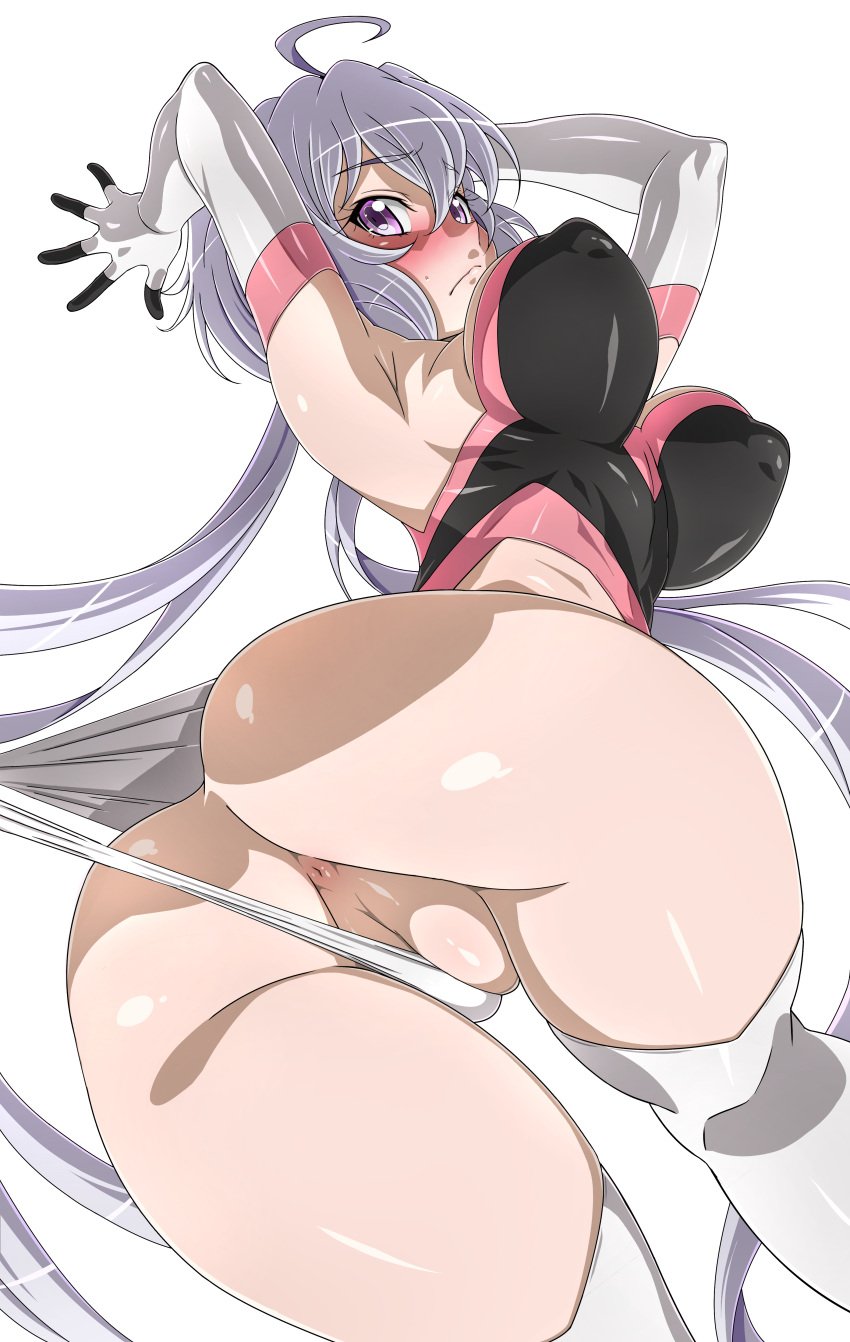 absurdres anus ass between_labia breasts cleft_of_venus covered_erect_nipples embarrassed fat_mons female highres innie_pussy j.h. large_breasts light_purple_hair panties panty_pull pussy pussy_peek senki_zesshou_symphogear underwear wedgie yukine_chris