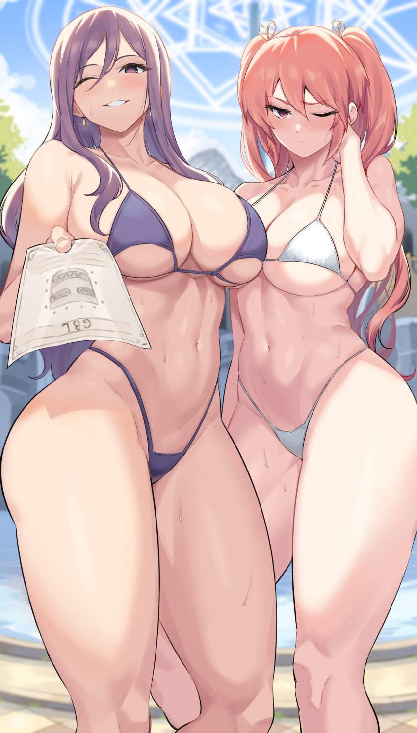 2022 2girls bikini blush breast_size_difference breasts character_request dungeon_and_fighter dungeon_fighter_online embarrassed female female_only hi_res hips holding_object huge_breasts kook large_breasts light-skinned_female light_skin long_hair looking_at_viewer massive_breasts outdoors pink_bikini pink_eyes pink_hair purple_bikini purple_eyes purple_hair slim_waist thick_thighs thighs wide_hips wink