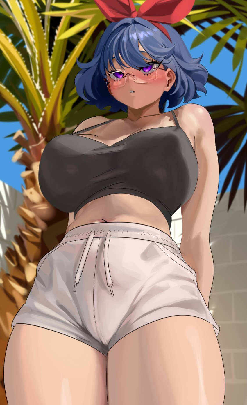 1girls big_breasts blue_hair blush breasts enta_(nia) female female_only glasses hair_ribbon medium_hair nia_(nia4294) nipple_bulge original purple_eyes shorts solo solo_female tank_top thick_thighs very_high_resolution viewed_from_below