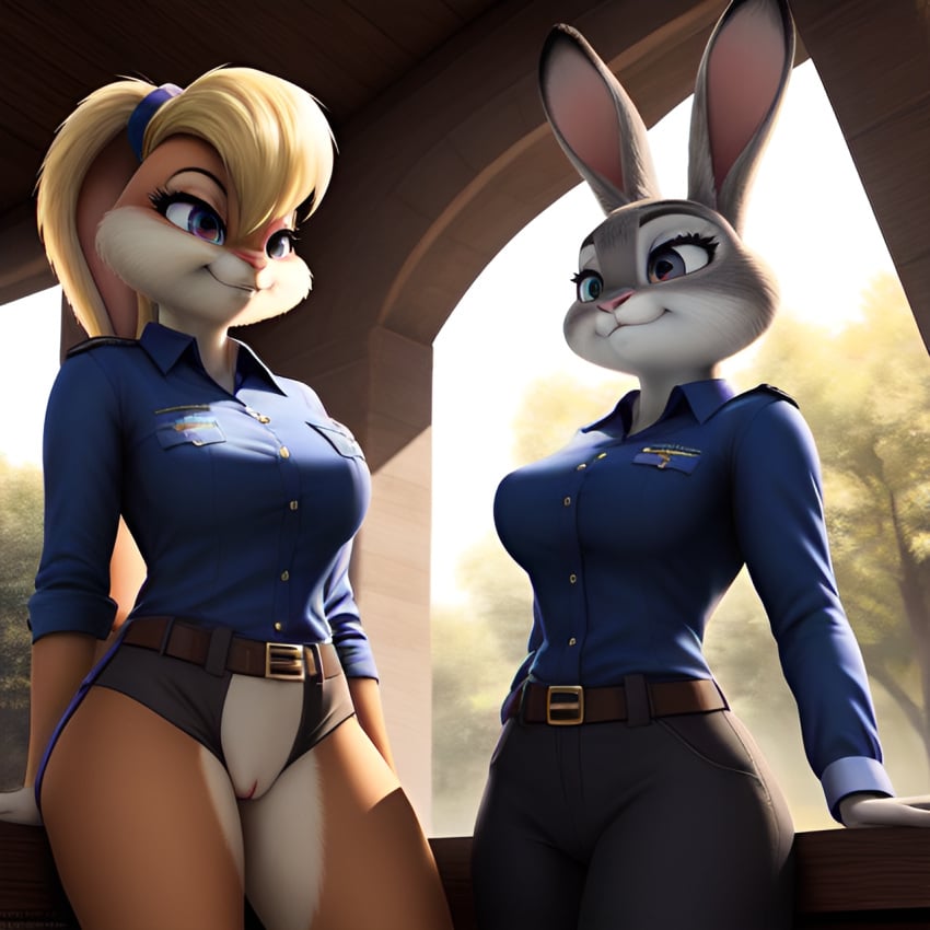 2020s 2023 2girls ai_generated anthro big_breasts breasts crossover crotchless crotchless_clothes crotchless_shorts disney female female_only frosting.ai furry grey_fur judy_hopps lola_bunny looney_tunes multicolored_body orange_fur pussy scalieton self_upload shorts smile smiling tight_clothing uniform vagina warner_brothers zootopia