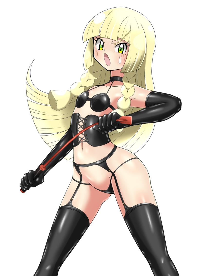 1girls bdsm bdsm_gear black_bra black_corset black_garter_belt black_garter_straps black_gloves black_panties blonde_hair bra collar corset dominatrix female garter_belt garter_straps gloves green_eyes latex light-skinned_female light_skin lillie_(pokemon) long_gloves long_hair nintendo panties pokemon pokemon_sm riding_crop shoukin500 solo