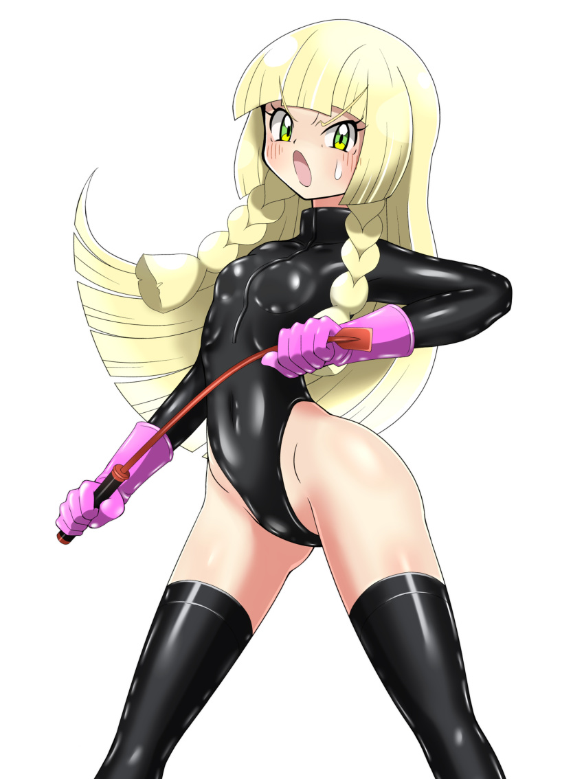 1girls bdsm bdsm_gear black_leotard blonde_hair dominatrix female gloves green_eyes highleg highleg_leotard latex latex_leotard leotard light-skinned_female light_skin lillie_(pokemon) long_hair nintendo no_sex pink_gloves pokemon pokemon_sm riding_crop shoukin500 solo source_request