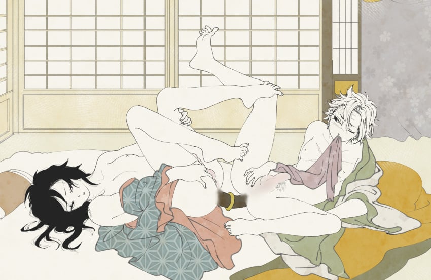 2boys anal anal_insertion anal_sex barefoot black_hair demon_slayer dildo dildo_in_ass double_dildo erection facial_scar feet_up fine_art_parody futon gay indoors japanese_clothes kimetsu_no_yaiba kimono male male_only mostly_nude on_back on_bed open_kimono partially_clothed penis restricted_palette sanemi_shinazugawa scars sex_toy shouji shunga spread_legs tomioka_giyuu uncensored white_hair yaoi