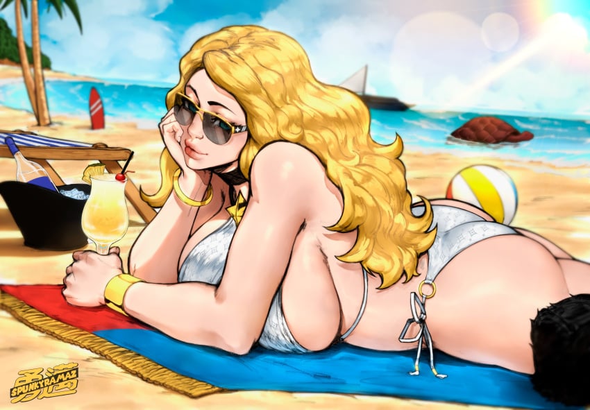 1girls absurdres alcohol artist_name ass ball beach beach_chair beach_towel beachball bikini blonde_hair blue_eyes boat bracelet breasts cherry choker eyebrows eyelashes food fruit fur_hat gold_bracelet hat highres ice jewelry kolin lens_flare lips liquor long_hair lying o-ring o-ring_bikini ocean on_stomach palm_tree piña_colada pina_colada pineapple sand sideboob solo spunkyramaz straw street_fighter street_fighter_v sunglasses surfboard swimsuit thick_lips thick_thighs thighs tinted_eyewear towel tree turtle watercraft wavy_hair white_bikini wide_hips