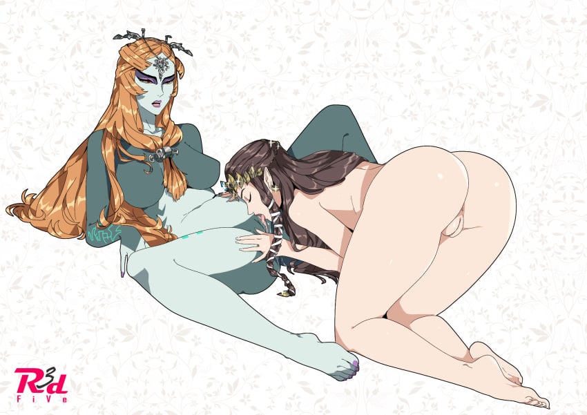 2girls breasts brown_hair completely_nude_female cunnilingus female female_only green_markings hair hair_ornament long_hair midna multiple_girls nude orange_hair pointy_ears presenting presenting_hindquarters presenting_pussy princess princess_zelda pussy r3dfive red_eyes royalty shaved_pussy tattoo the_legend_of_zelda twili_midna twilight_princess two_tone_skin yuri zelda_(twilight_princess)