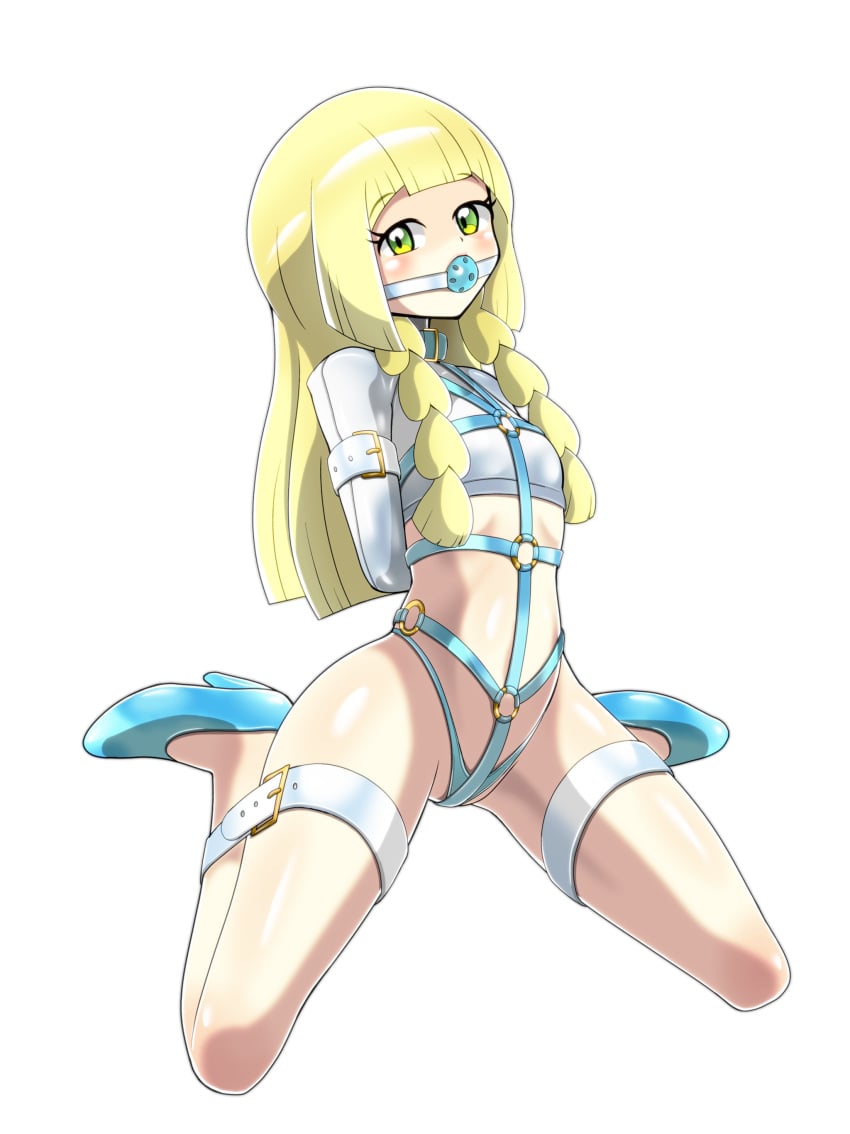 arms_tied_behind_back ball_gag blonde_hair blue_ball_gag blue_high_heels blue_panties bondage collar gag gagged green_eyes high_heels legs_tied lillie_(pokemon) long_hair nintendo o-ring o-ring_harness panties pokemon pokemon_sm shoukin500 slave straitjacket submissive submissive_female