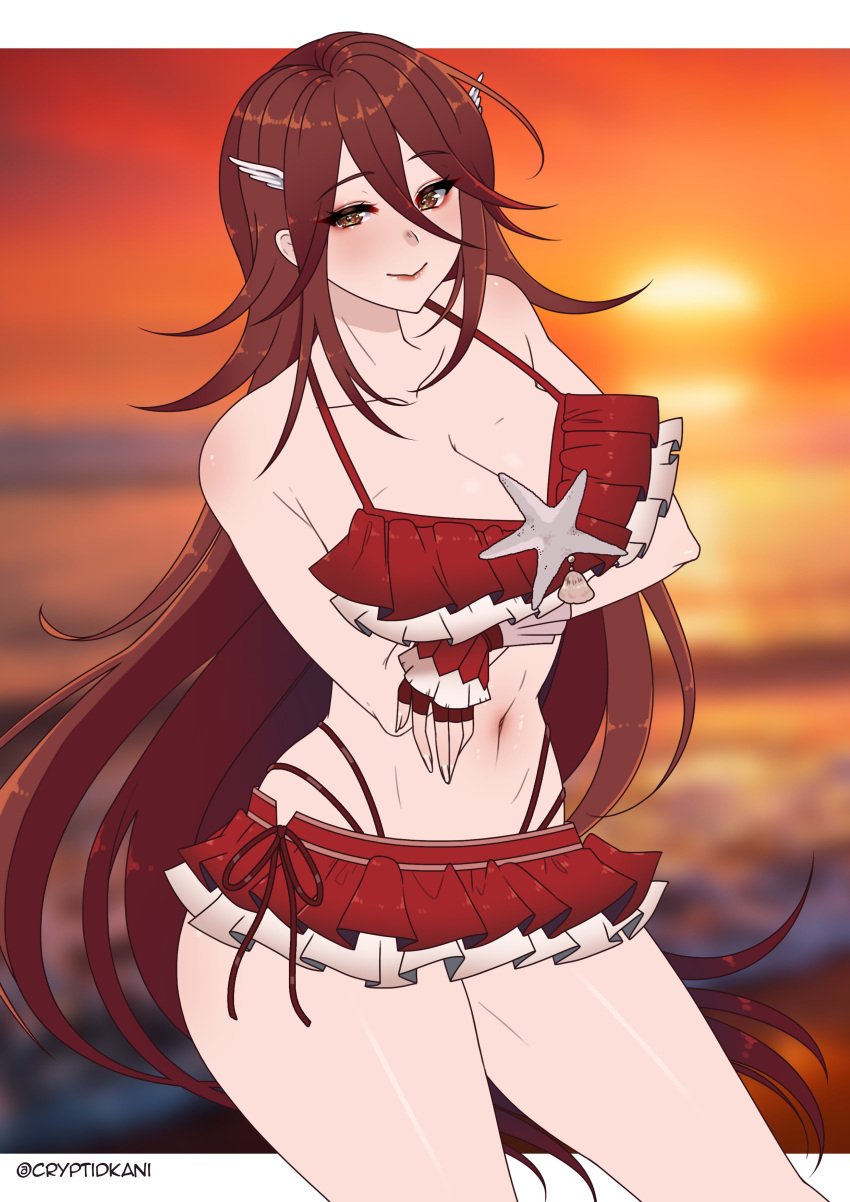 1girls alternate_costume bare_thighs bikini bikini_skirt breasts cleavage cordelia_(fire_emblem) cordelia_(summer)_(fire_emblem) cryptid_crab female female_only fingerless_gloves fire_emblem fire_emblem_awakening fire_emblem_heroes gloves medium_breasts nintendo ocean official_alternate_costume outdoors red_bikini red_swimsuit solo sunset swimsuit thighs