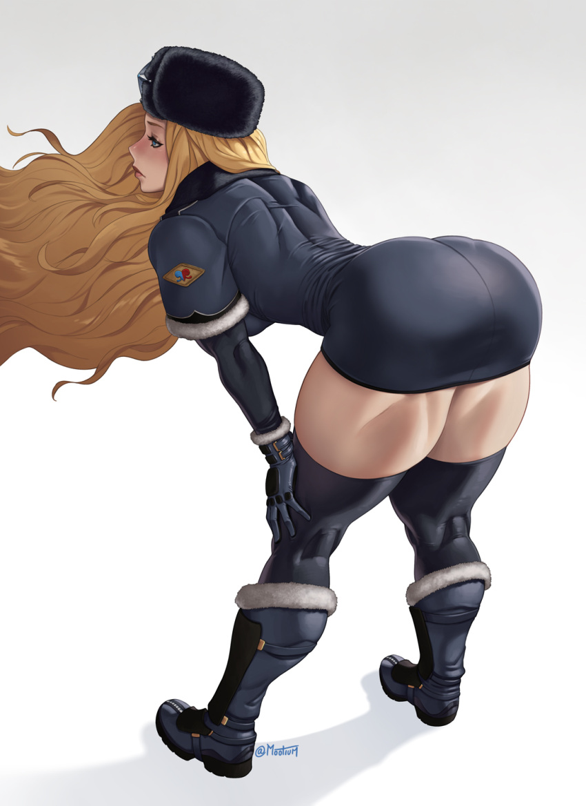 1girls artist_name ass ass_in_dress bent_over black_gloves black_legwear blonde_hair blue_eyes boots breasts coat dat_ass eyebrows eyelashes female female_only fur_hat fur_trim gloves hands_on_knee hands_on_knees hat highres huge_ass kolin legwear lips long_hair mootium muscular muscular_arms muscular_back muscular_female muscular_legs shadow simple_background solo street_fighter street_fighter_v thick_thighs thighhighs thighs twitter_username ushanka wavy_hair wide_hips winter_clothes winter_coat zettai_ryouiki