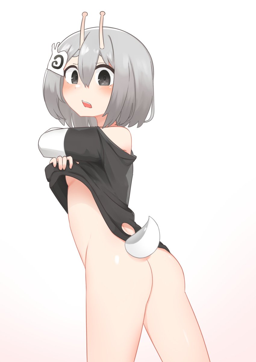 1girls ass black_eyes blank_background daebom dark_eyes embarrassed first_porn_of_character gaijin gaijin_(daebom) gaijin_entartaiment grey_eyes high_resolution highres humanized lifting_shirt no_background partially_clothed personification removing_clothing round_butt short_hair silver_hair snail snail_girl snail_humanoid tail thin_female undressing war_thunder white_background