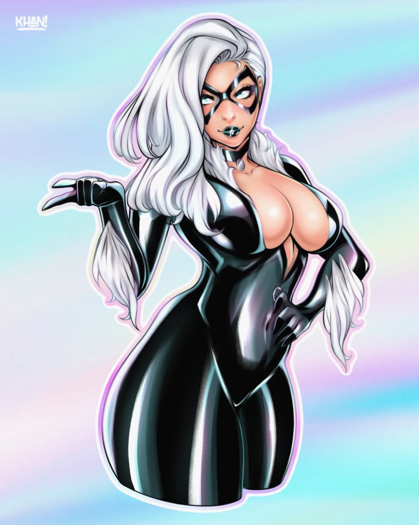 1girls big_thighs black_cat_(marvel) black_lipstick bodysuit breasts cleavage felicia_hardy female female_only flatillustratorkhan hi_res large_breasts lipstick long_hair looking_at_viewer marvel marvel_comics mask solo supervillain_costume supervillainess white_hair wide_hips