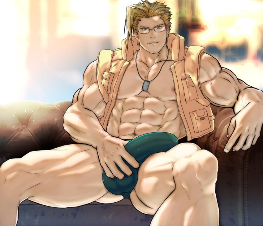 balls bara big_balls big_penis blonde_hair boner capcom charlie_nash erection erection_under_clothes gay glasses hydaria male male_only muscles muscular penis sleeveless_jacket solo solo_male spread_legs street_fighter