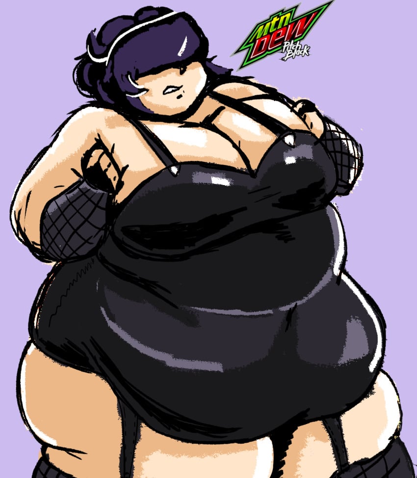 1girls chubby fat female goth goth_girl hair_covering_eyes mountain_dew mountain_dew_pitch_black mrnobody obese purple_hair soda soda_girl_(species) white_skin