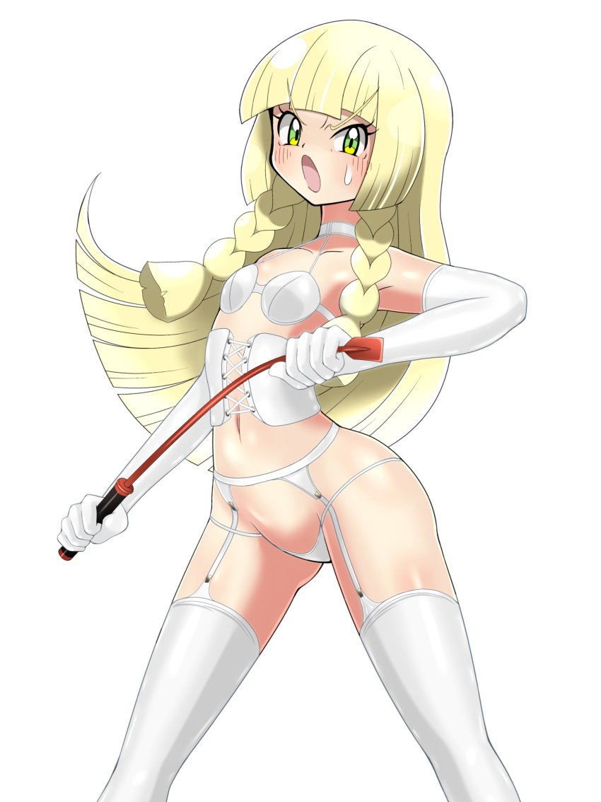 1girls bdsm bdsm_gear blonde_hair bra collar corset dominatrix female garter_belt garter_straps gloves green_eyes latex latex_gloves light-skinned_female light_skin lillie_(pokemon) long_gloves long_hair nintendo panties pokemon pokemon_sm riding_crop shoukin500 solo white_bra white_corset white_garter_belt white_garter_straps white_gloves white_panties