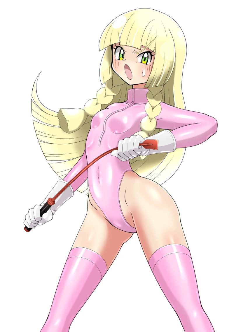 1girls bdsm bdsm_gear blonde_hair dominatrix female gloves green_eyes highleg highleg_leotard latex latex_gloves latex_leotard leotard light-skinned_female light_skin lillie_(pokemon) long_hair nintendo pink_leotard pokemon pokemon_sm riding_crop shoukin500 solo white_gloves