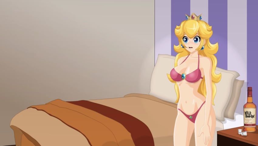 1girls alcohol bed bedroom bikini blonde_hair blue_eyes breasts brooch cartoon_hook-ups cleavage crown earrings female female_only light-skinned_female light_skin long_hair mario_(series) motel navel nintendo open_mouth pink_bikini princess_peach solo tagme wide_hips winky_dink_media