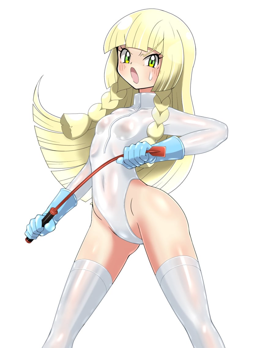 1girls bdsm bdsm_gear blonde_hair blue_gloves dominatrix female gloves green_eyes highleg highleg_leotard latex latex_leotard leotard light-skinned_female light_skin lillie_(pokemon) long_hair nintendo pokemon pokemon_sm riding_crop shoukin500 solo white_leotard