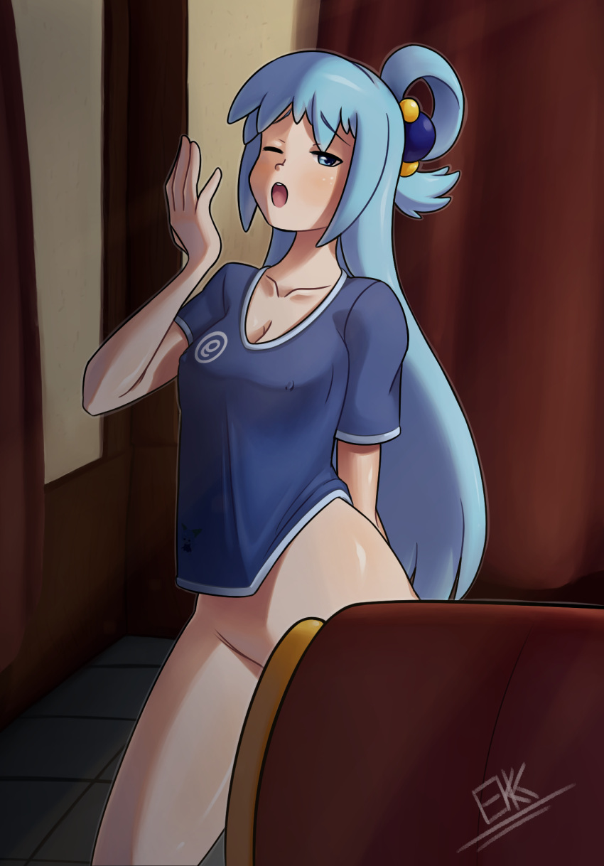 1girls aqua_(konosuba) blue_eyes blue_hair bottomless ekkonus female female_only kono_subarashii_sekai_ni_shukufuku_wo! nipples_visible_through_clothing oblivious open_mouth solo yawn