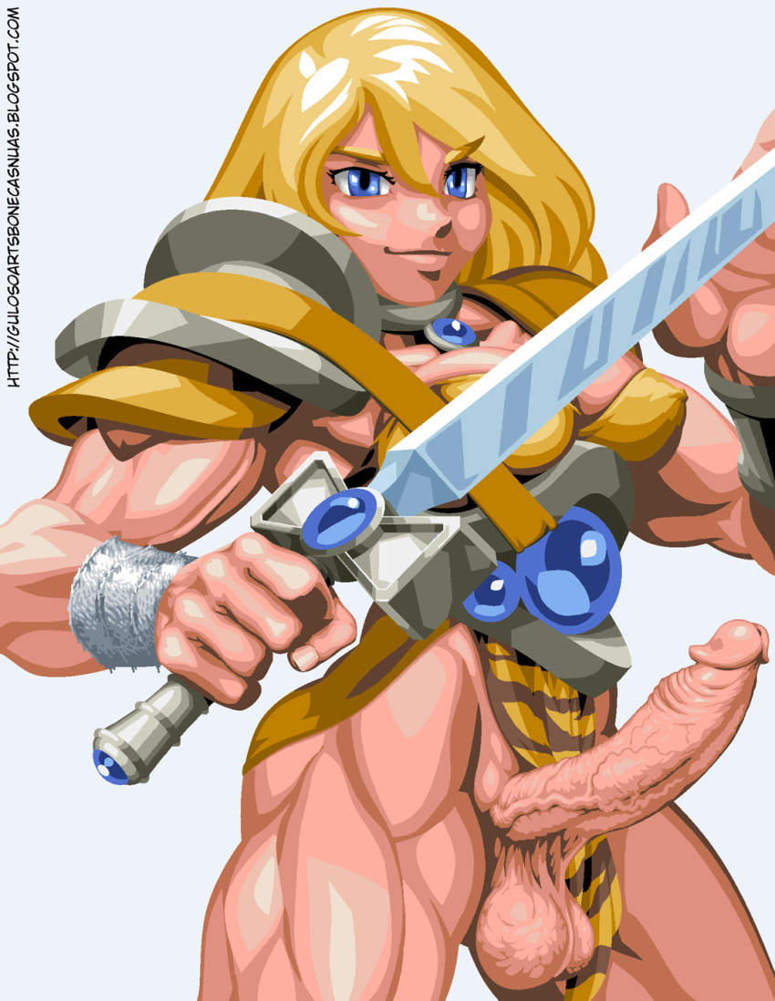 1futa armor balls big_penis blue_eyes breasts clothed clothing dickgirl erect_penis erection futa_only futanari garoto_guloso human intersex large_balls large_penis large_testicles light-skinned_futanari light_skin muscular muscular_futanari pale_skin partially_clothed penis solo standing sword toned veiny_penis yellow_hair