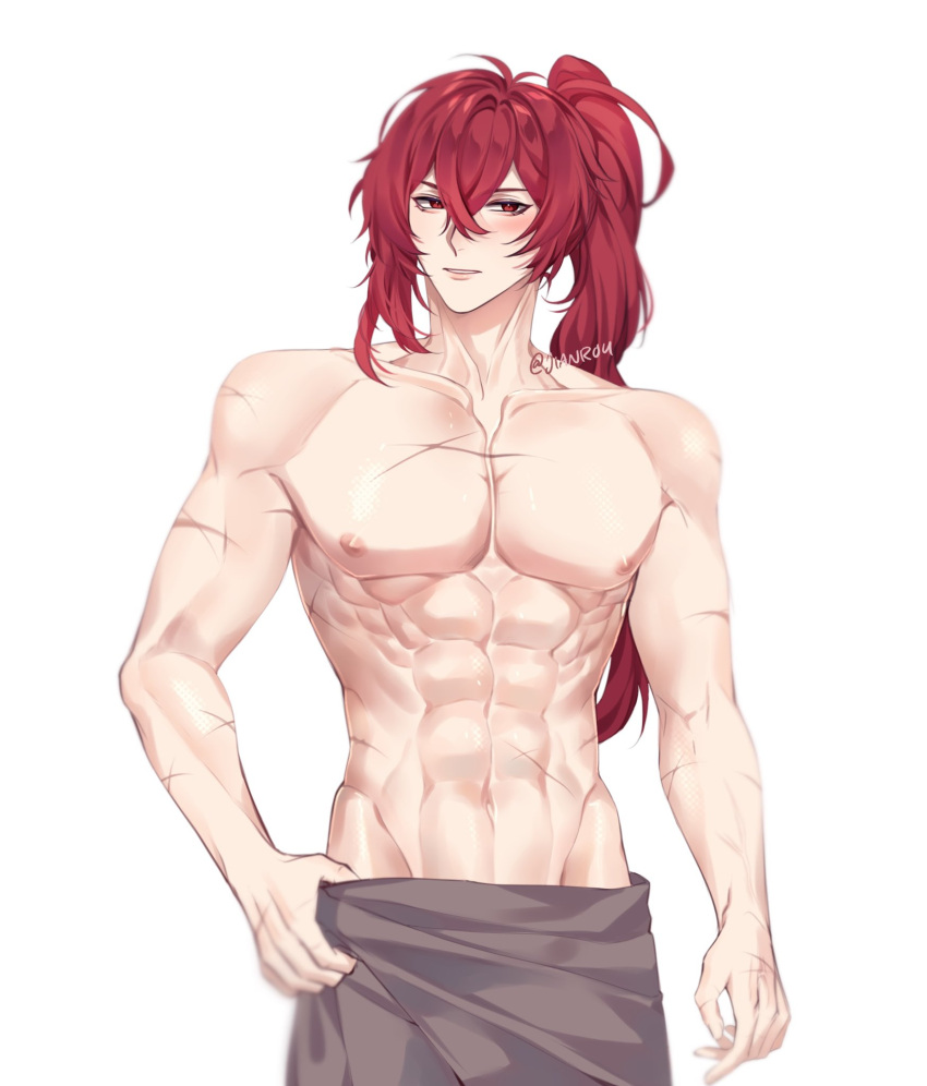 abs belly belly_button big_breasts bishonen breasts diluc_(genshin_impact) eight_pack fit fit_male genshin_impact male_only manly muscles muscular muscular_male pecs ponytail red_eyes red_hair rourouki scar scarred scarred_breasts scars shoulders toned toned_body toned_male tummy