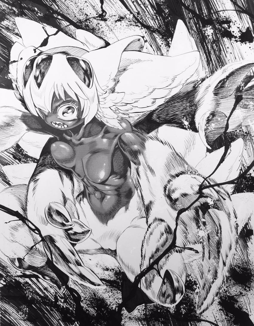 4_arms action_pose animal_ears anthro bare_chest bare_midriff blood bouncing_breasts claws dark-skinned_female dark_skin faputa female female_only fluffy fluffy_ears fur kikimolaru looking_at_viewer made_in_abyss medium_breasts monochrome monster_girl multi_arm multi_limb narehate outie_navel sharp_teeth solo