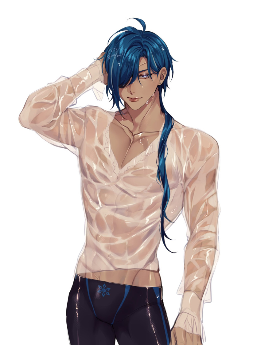 abs big_breasts blue_hair breasts dark-skinned_male dark_skin eight_pack eye_patch fit fit_male genshin_impact kaeya_(genshin_impact) male_only man_boobs manly muscles muscular muscular_male rourouki see-through see-through_clothing see-through_shirt shirt tanned tanned_male tanned_skin tight_shorts toned toned_body toned_male wet wet_clothes wet_clothing wet_shirt wet_skin