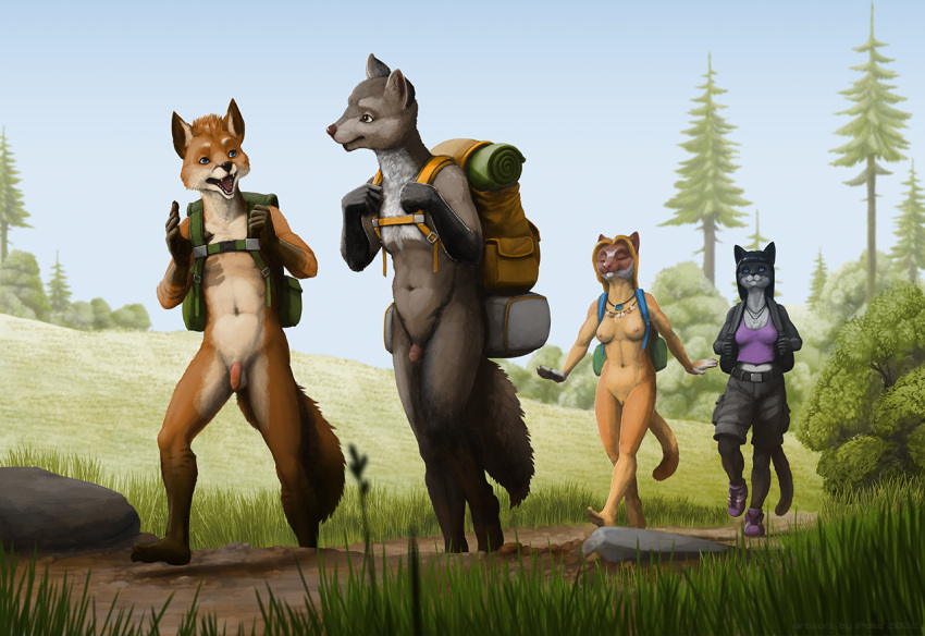 2022 anthro breasts brown_body brown_fur canid canine casual_nudity day digital_media_(artwork) female fox fur genitals grass grey_body grey_fur group ipoke male mammal navel nipples outside penis plant pussy tree walking