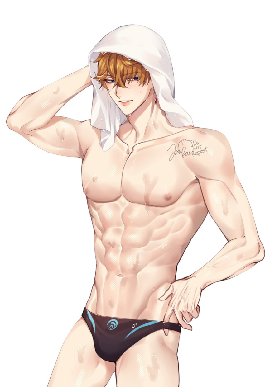 abs big_breasts breasts childe_(genshin_impact) eight_pack fit fit_male genshin_impact ginger male_only muscles muscular muscular_male orange_hair rourouki shoulders tartaglia_(genshin_impact) toned toned_body toned_male towel towel_on_head wet wet_skin