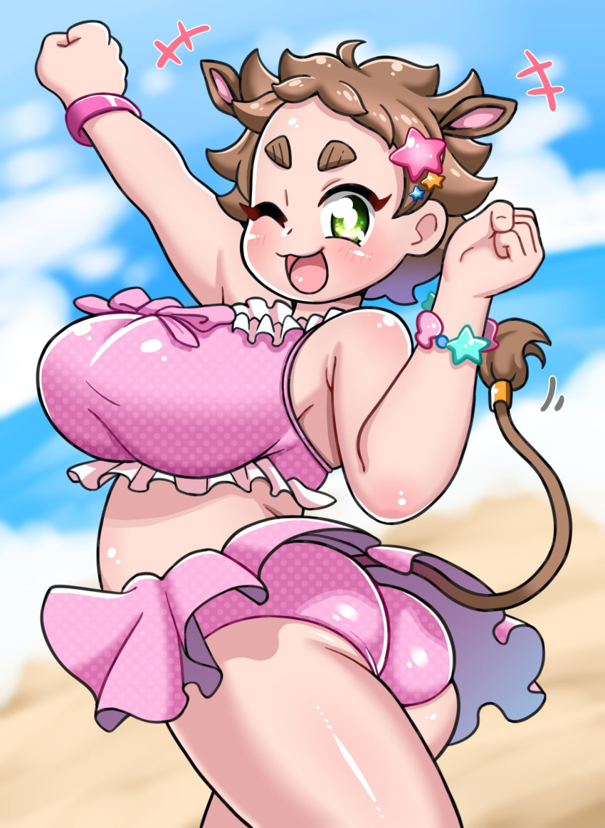 2022 animal_ears ass_squish beach bikini_skirt boar bracelet brown_hair cheering chubby chubby_belly chubby_female color cute cute_expression digital_media_(artwork) fang_honebuchi_(artist) green_eyes hairclip hi_res indie_virtual_youtuber inomata_watoko outdoors pink_bikini pink_swimsuit thick_arms thick_ass thick_legs thick_thighs virtual_youtuber wink